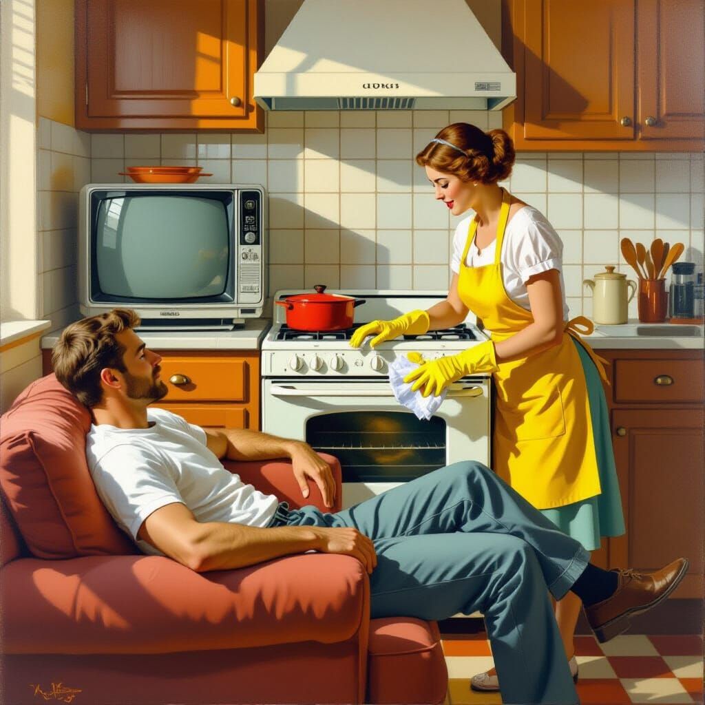 Domestic Scene: Woman Cleaning, Man Watching TV