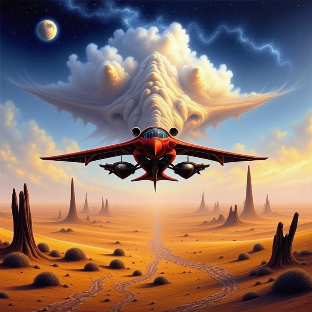 Sci-Fi Ornithopter Soars Over Vast Desert Landscape