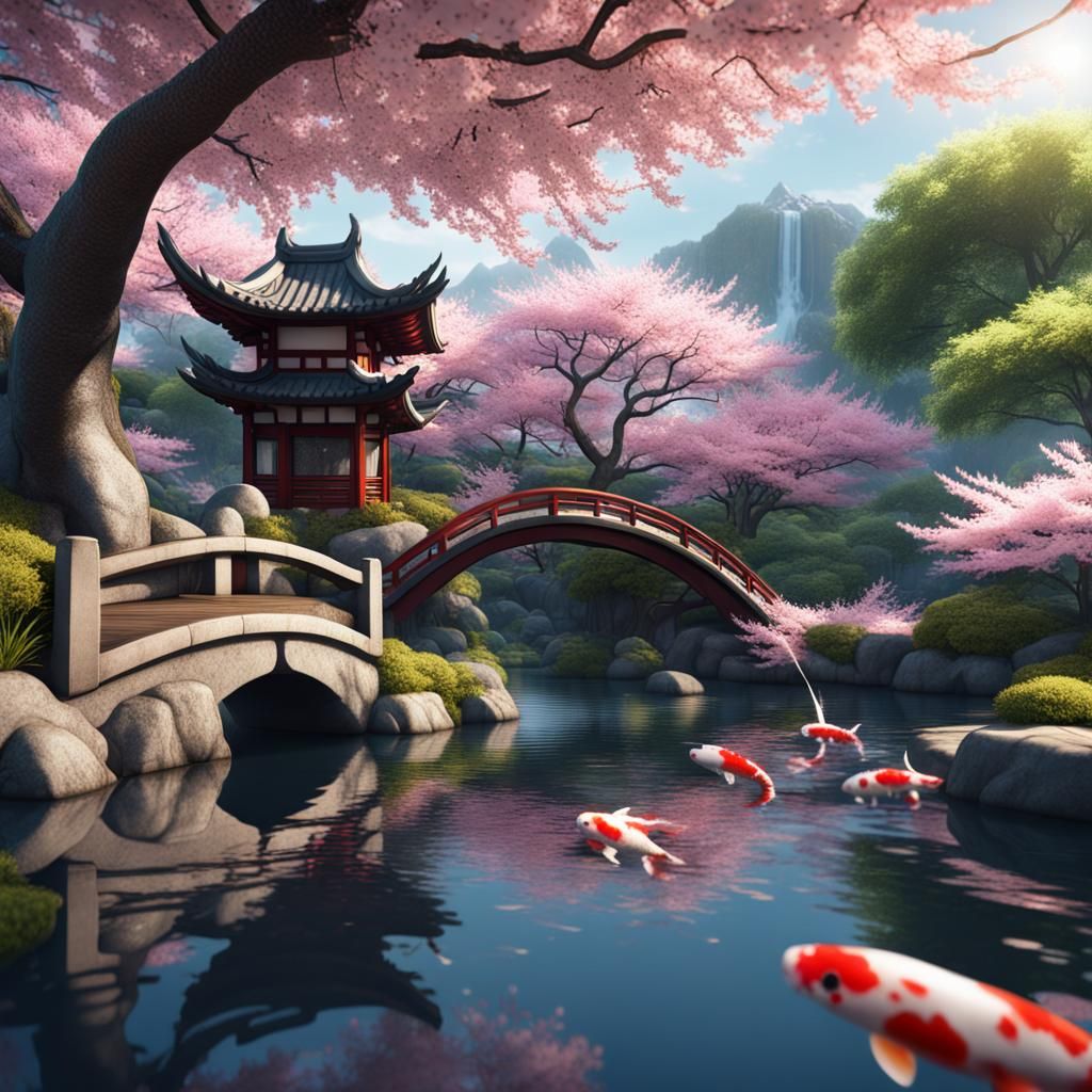 Japanese Dragon Over Koi Pond with Cherry Blossoms
