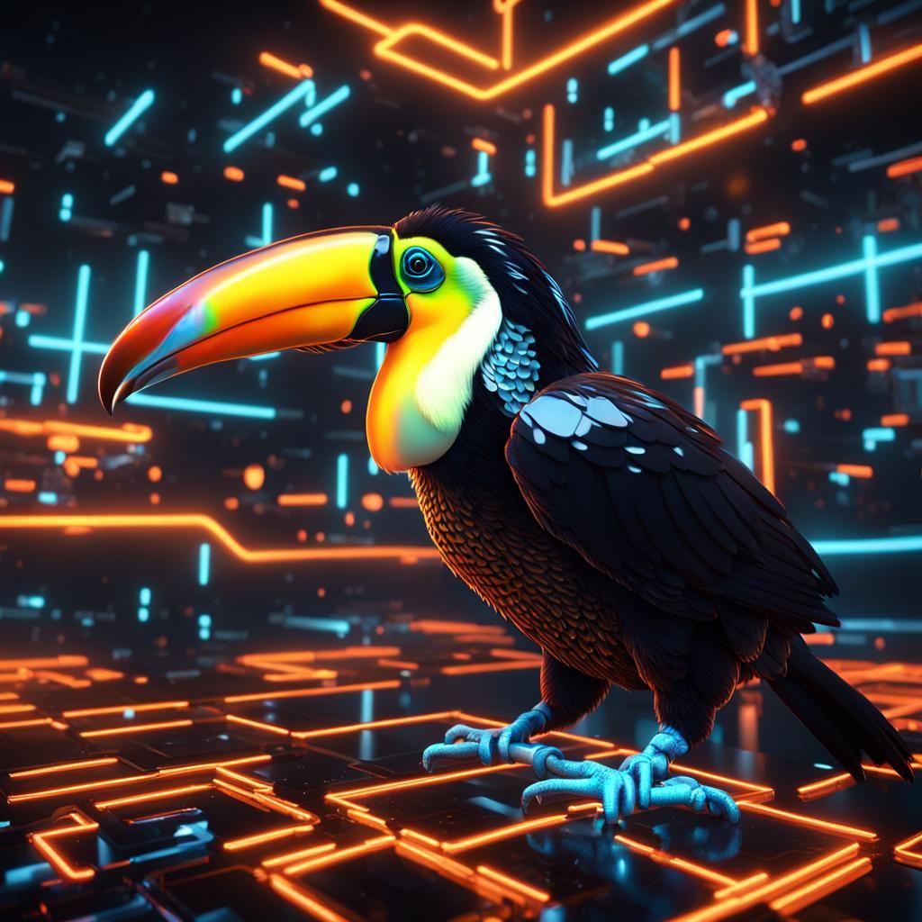 Isometric 3D Toucan Hologram with Neon Lights