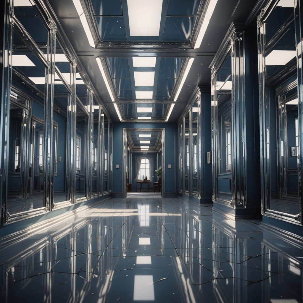 Endless Hallway of Mirrors in Oil Painting Style