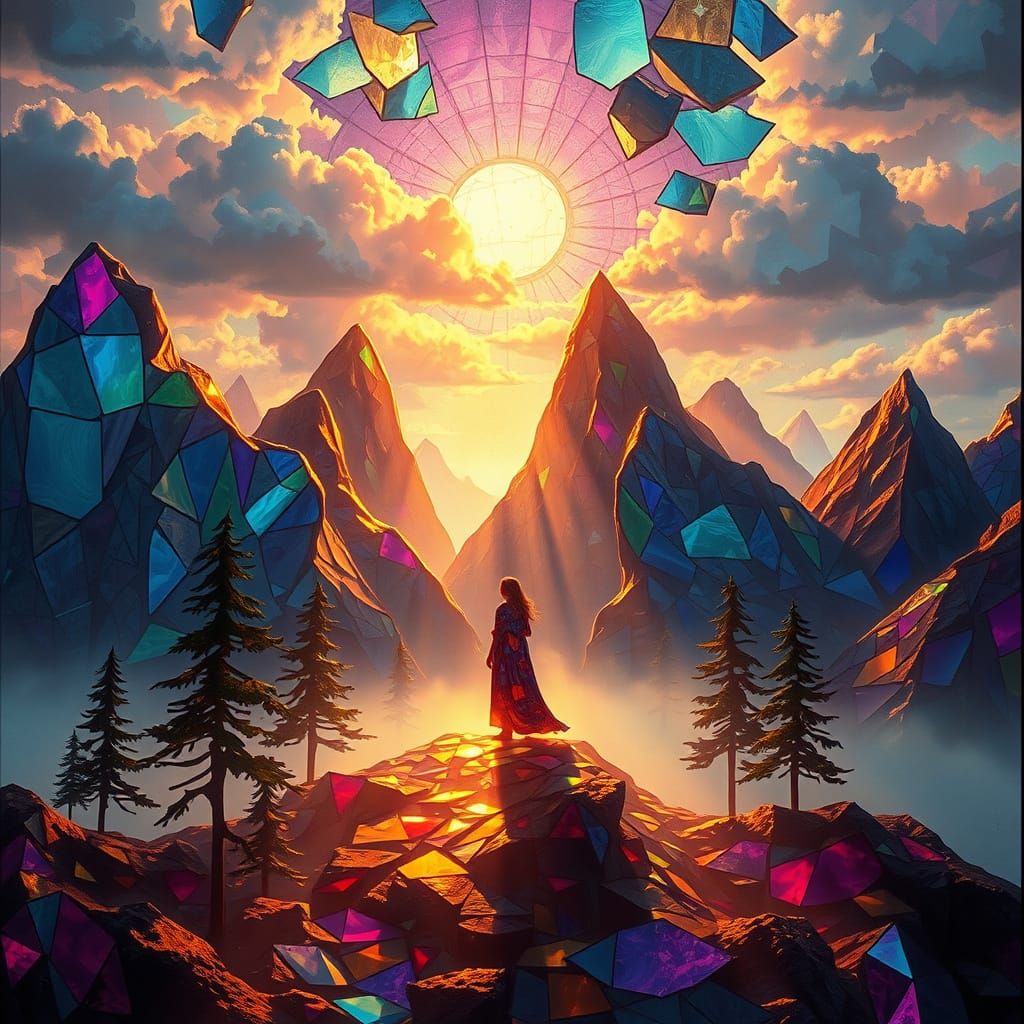 Surreal Stained Glass World with Luminous Figure