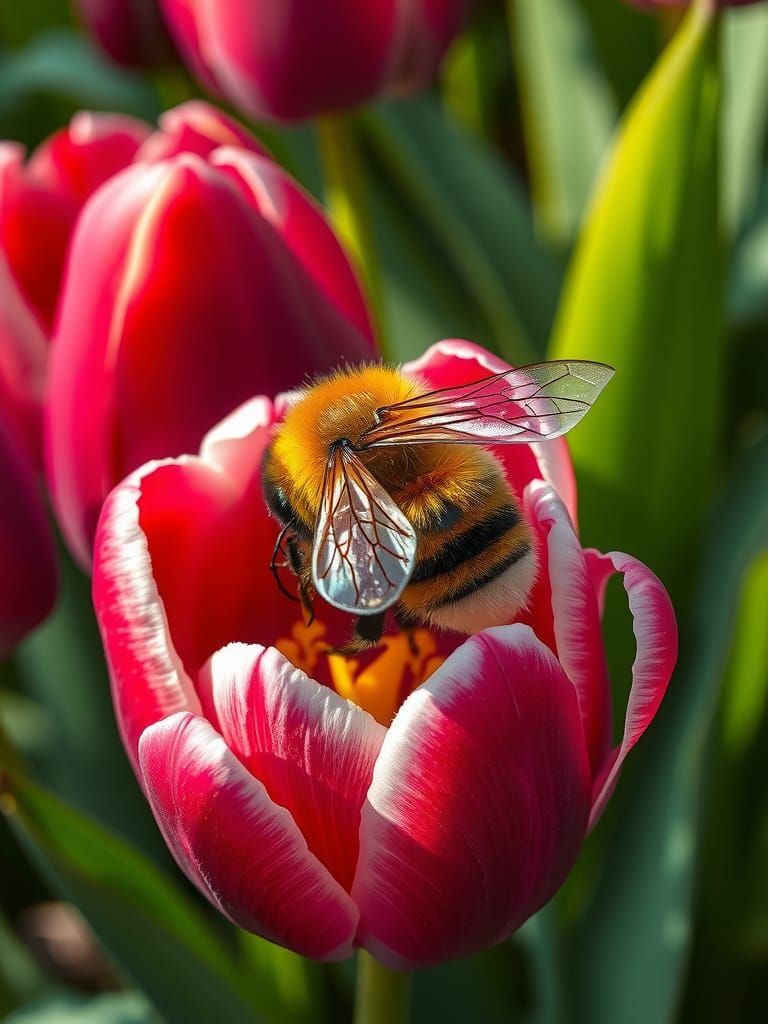 Radiant Bee on Tulip, Digital Art Illustration