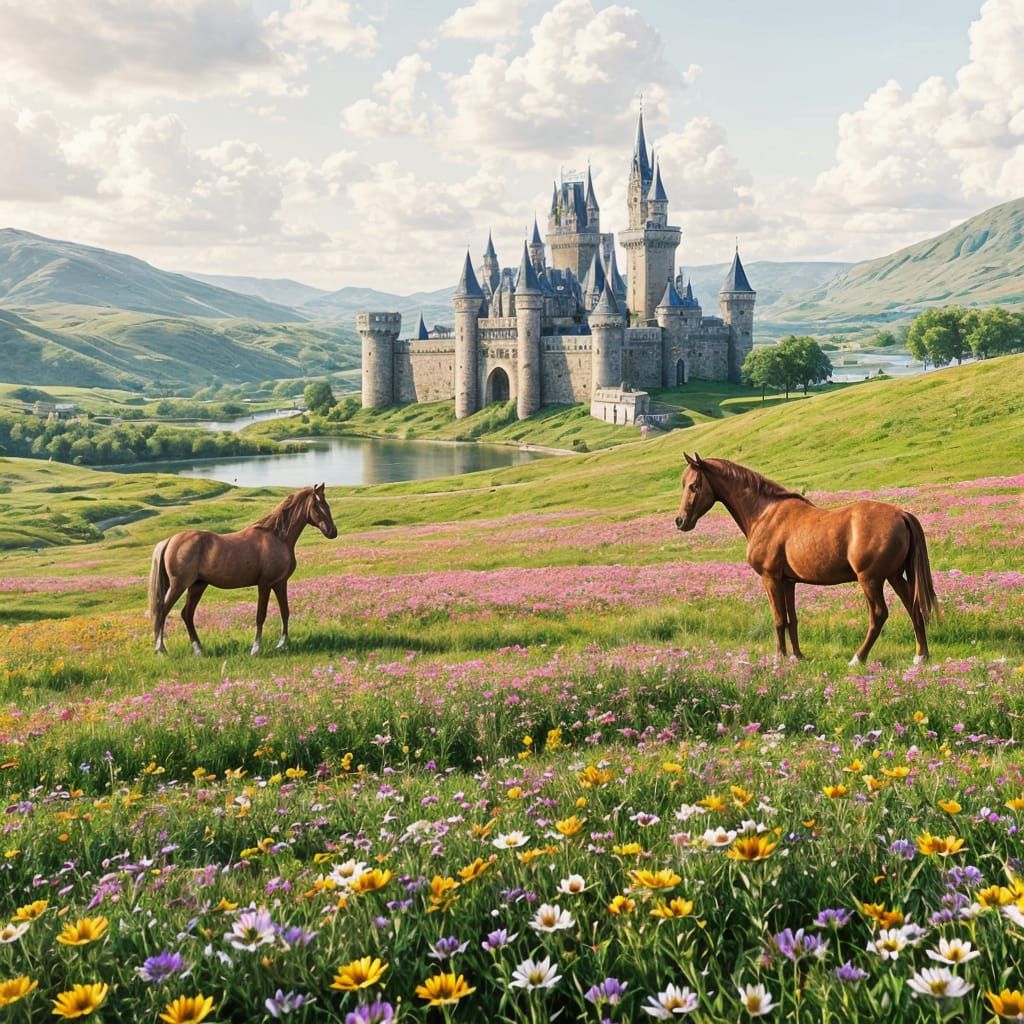 Whimsical Castle in a Vibrant Floral Landscape