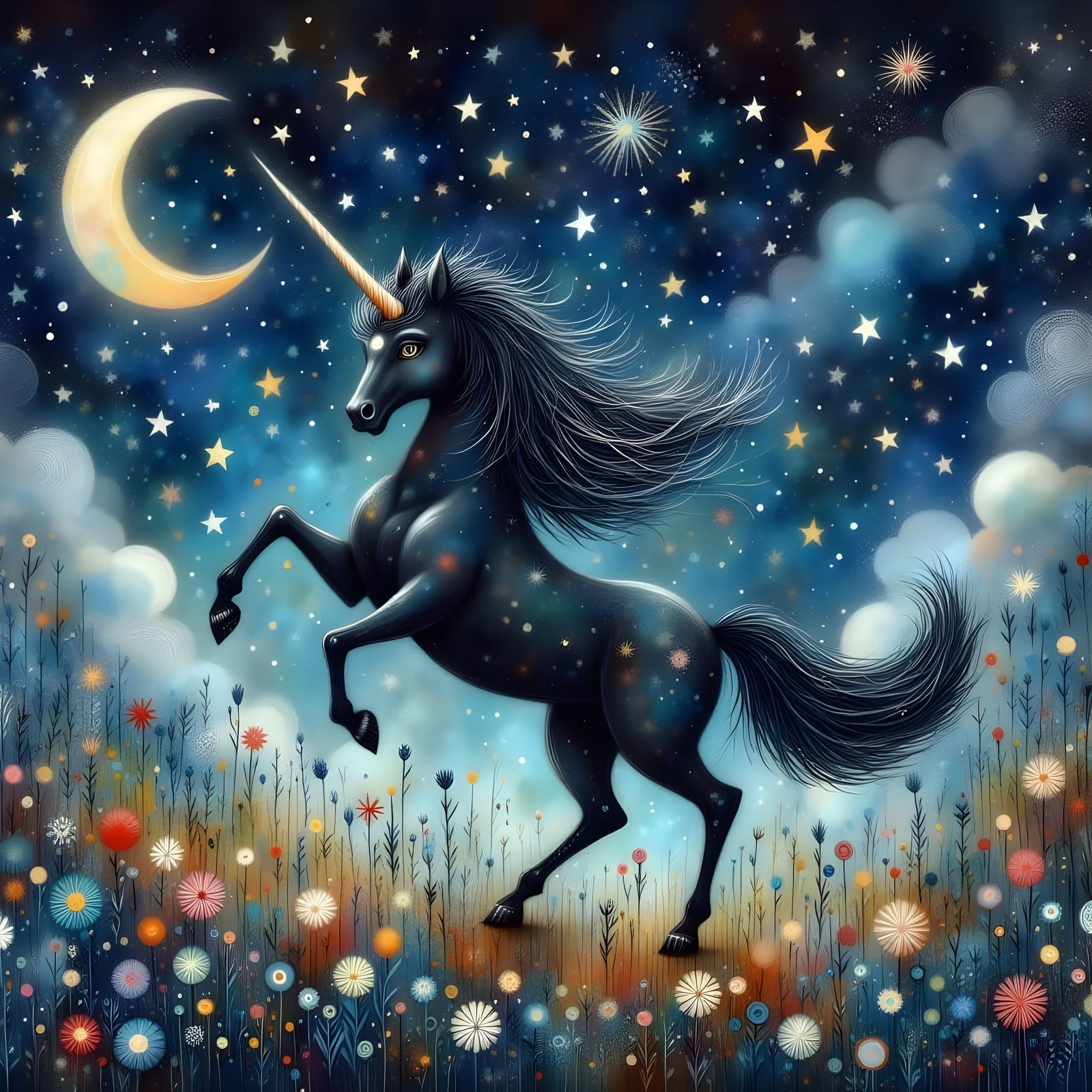 Whimsical Unicorn Under Starry Night Sky