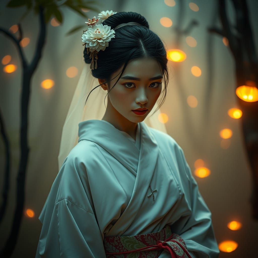 Ethereal Geisha in Misty Forest: Japanese Art