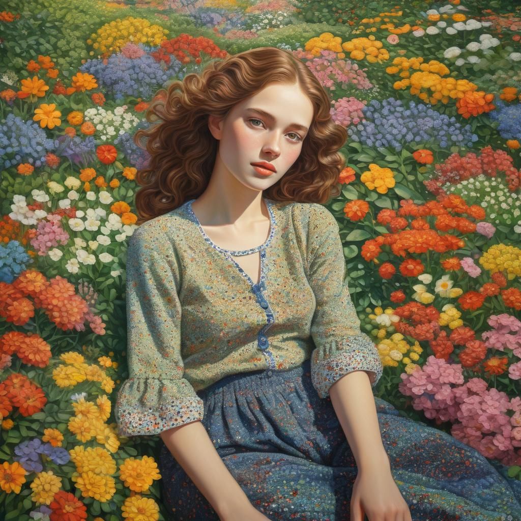 Pointillist Portrait of Woman in Floral Garden