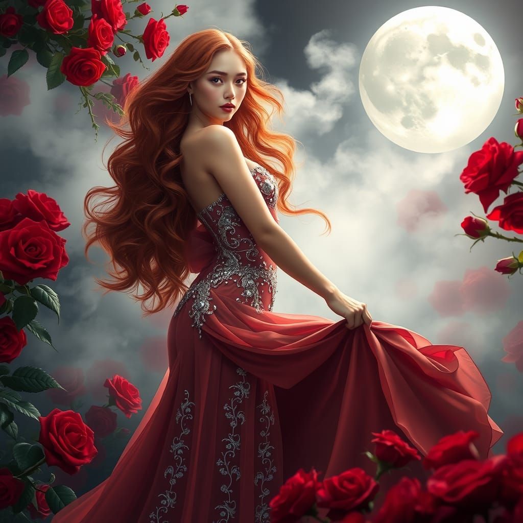 Angelic Woman in Enchanted Rose Garden