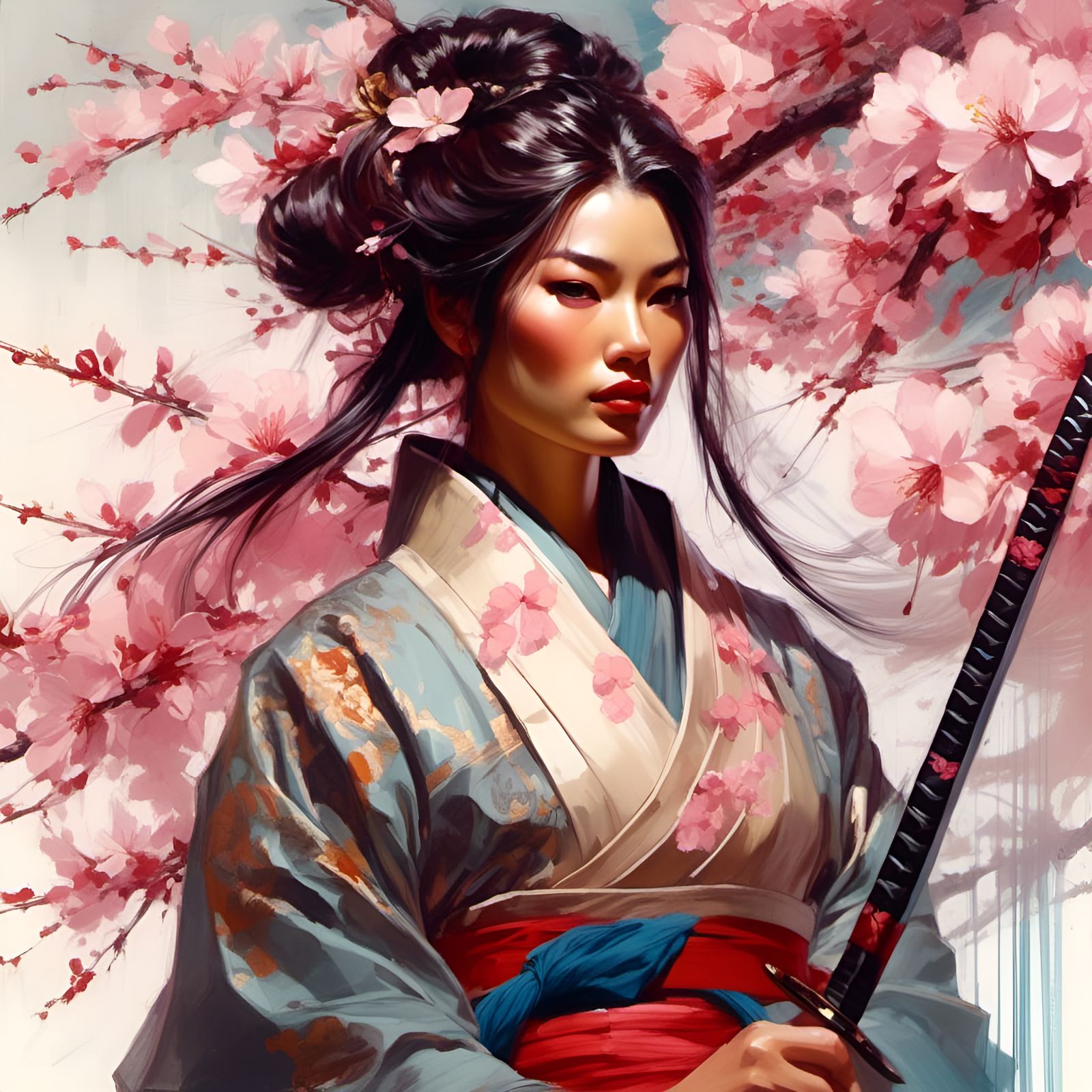 Gorgeous Samurai Woman Portrait in Pin-Up Style