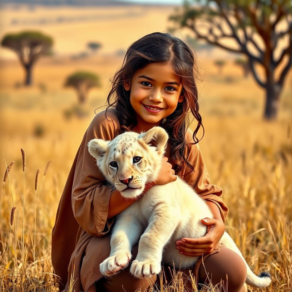 Girl Embracing a White Lion Cub in Photorealistic Style