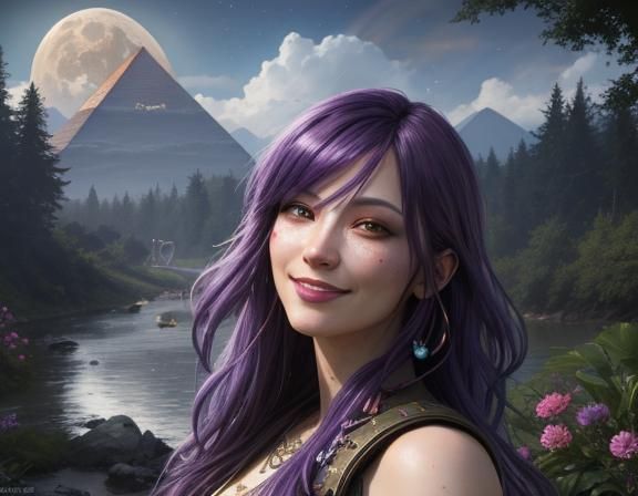 Woman with Purple Hair in Surreal Landscape