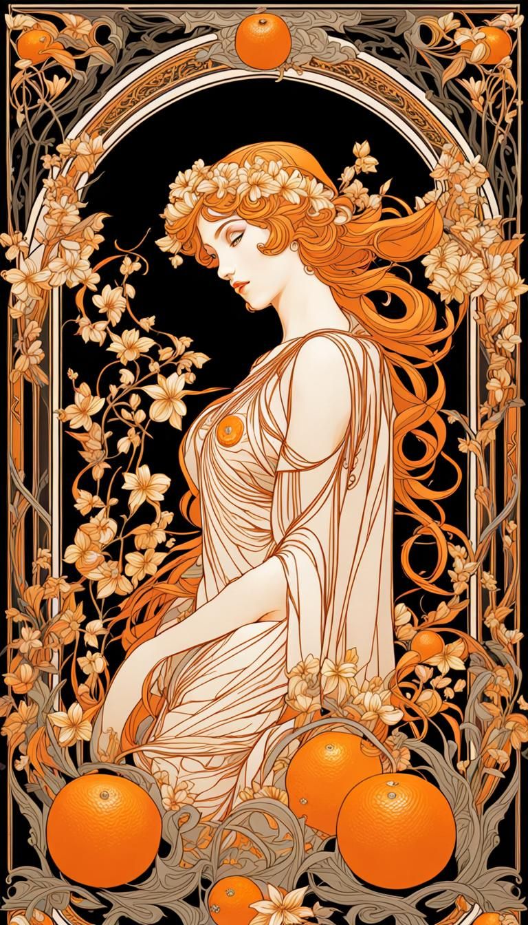 Ethereal Orange Goddess in Art Nouveau Style