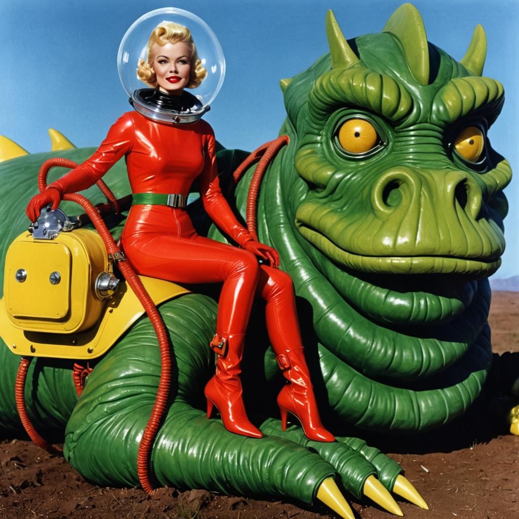 Woman Rides Martian Creature in Retro Sci-Fi Style