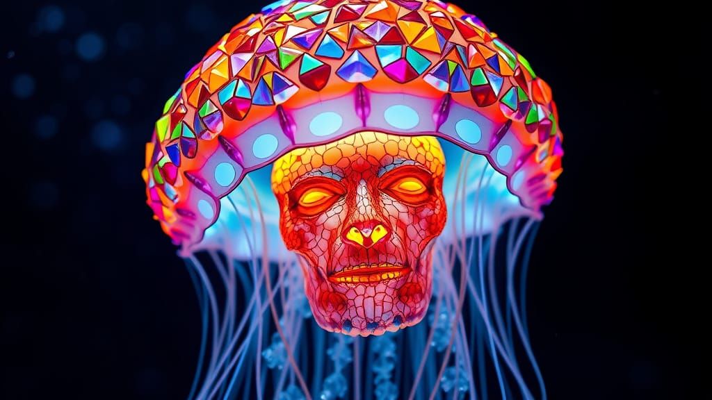 Vibrant Mosaic Jellyfish with Human Face