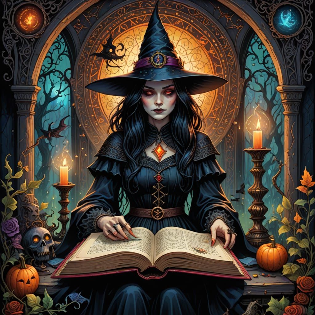 Mystical Witch's Book with Illuminated Illustrations