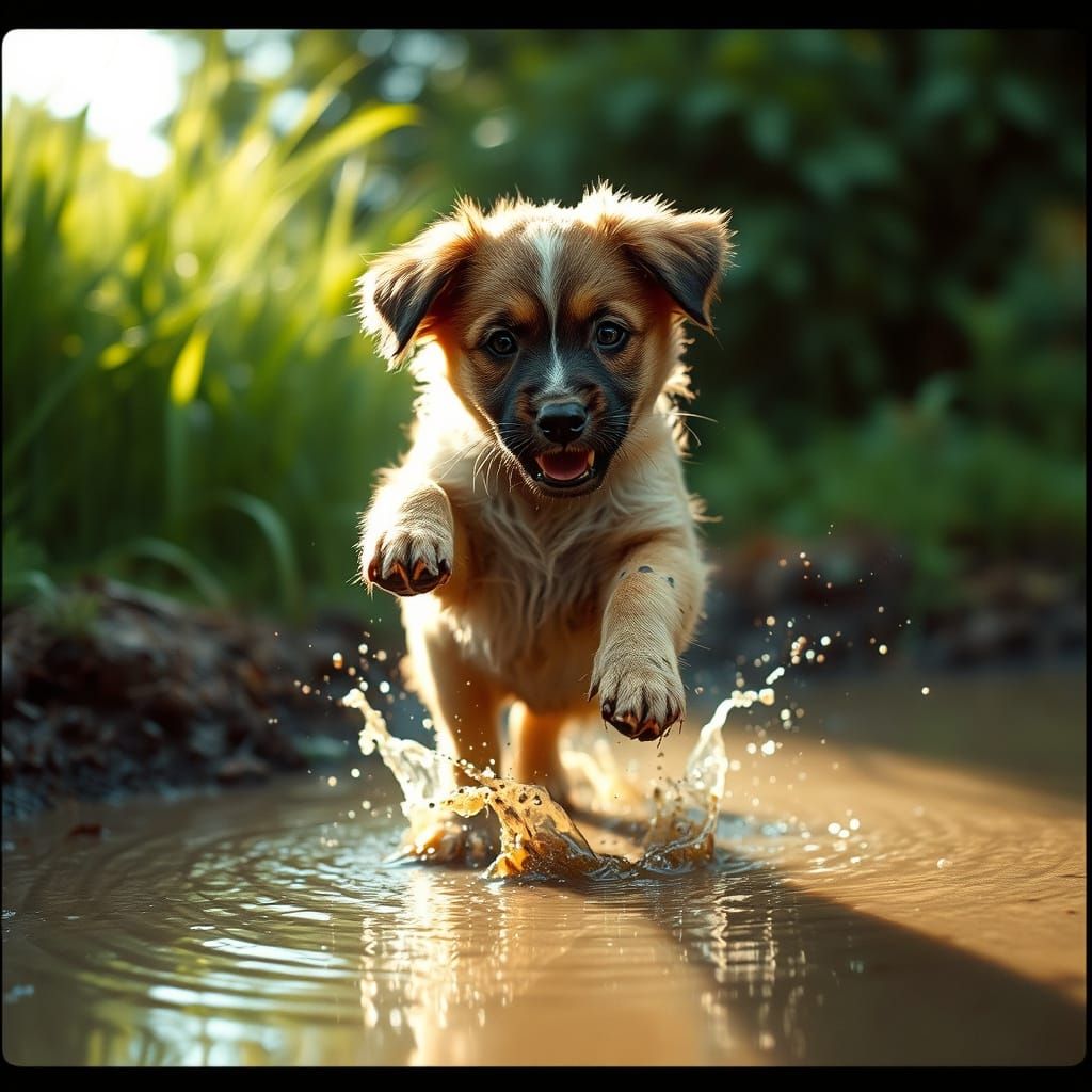 Playful Puppy Jumps in a Murky Puddle