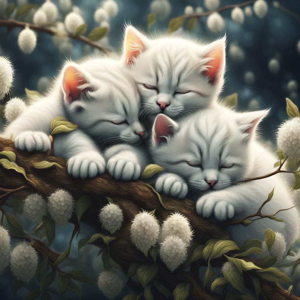 Kittens Sleeping Under Catkin Bush: Digital Matte Painting