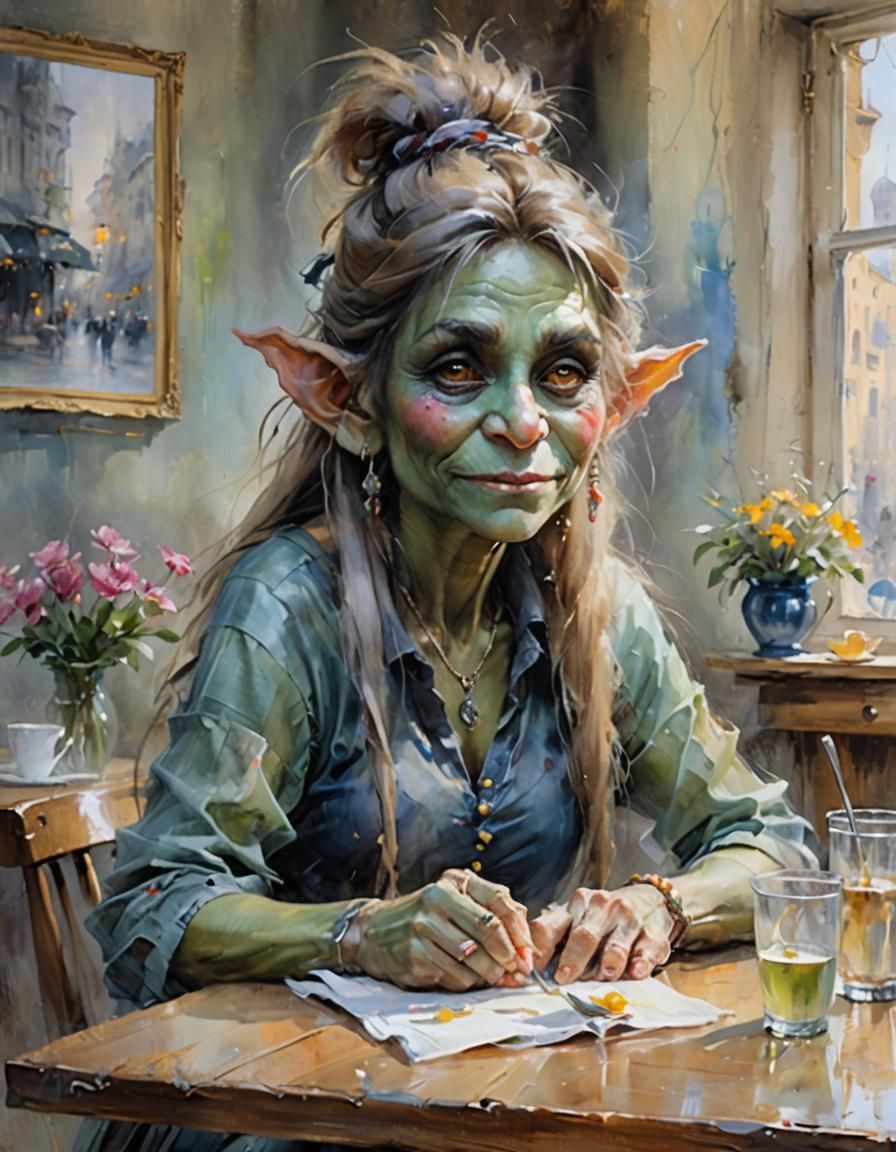 troll woman sitting at a table in a cafe