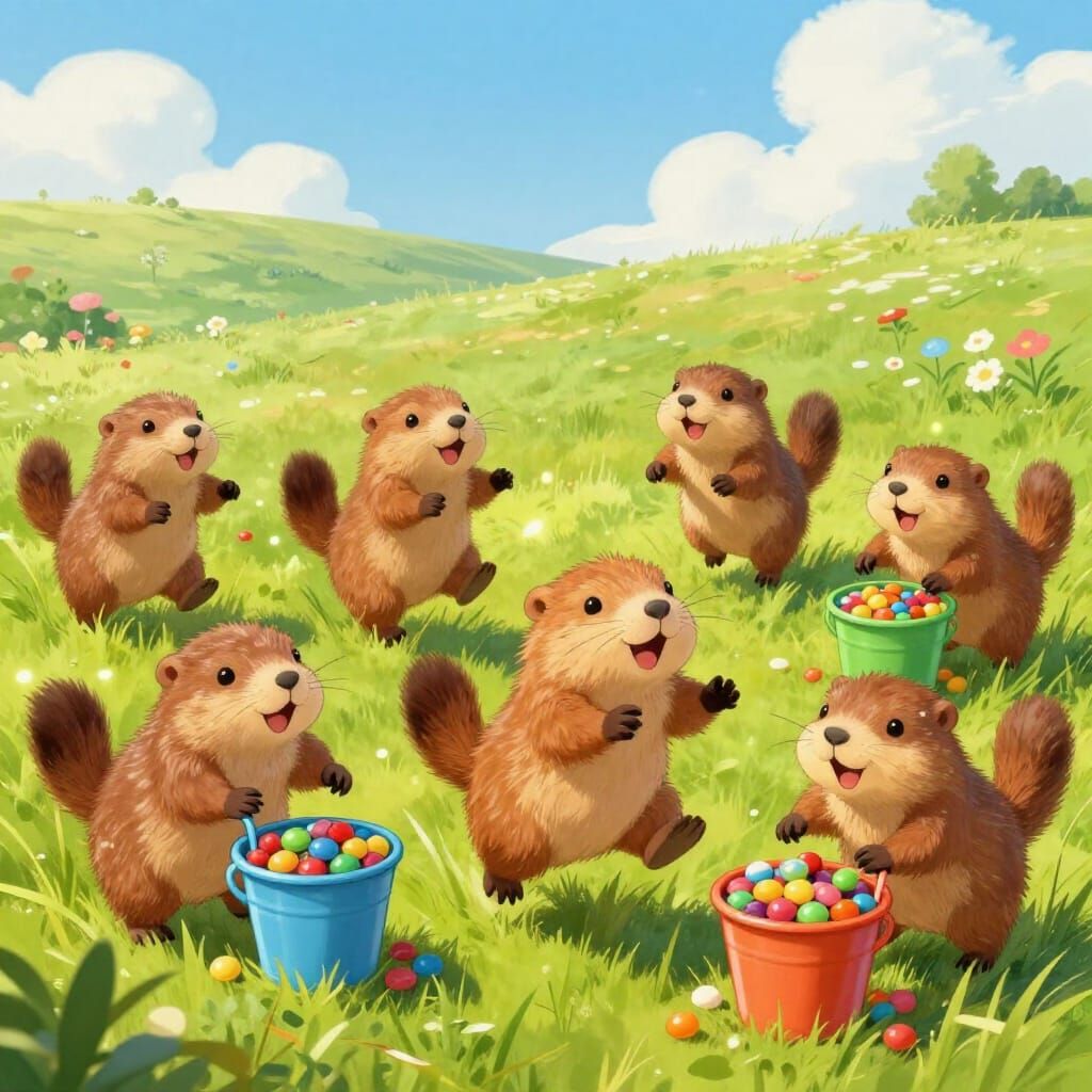 Joyful Groundhogs Play with Candy Buckets on Green Grass