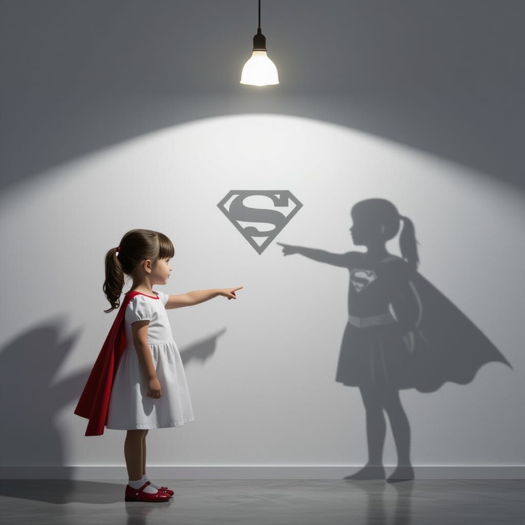 Girl's Shadow Becomes Supergirl on White Wall