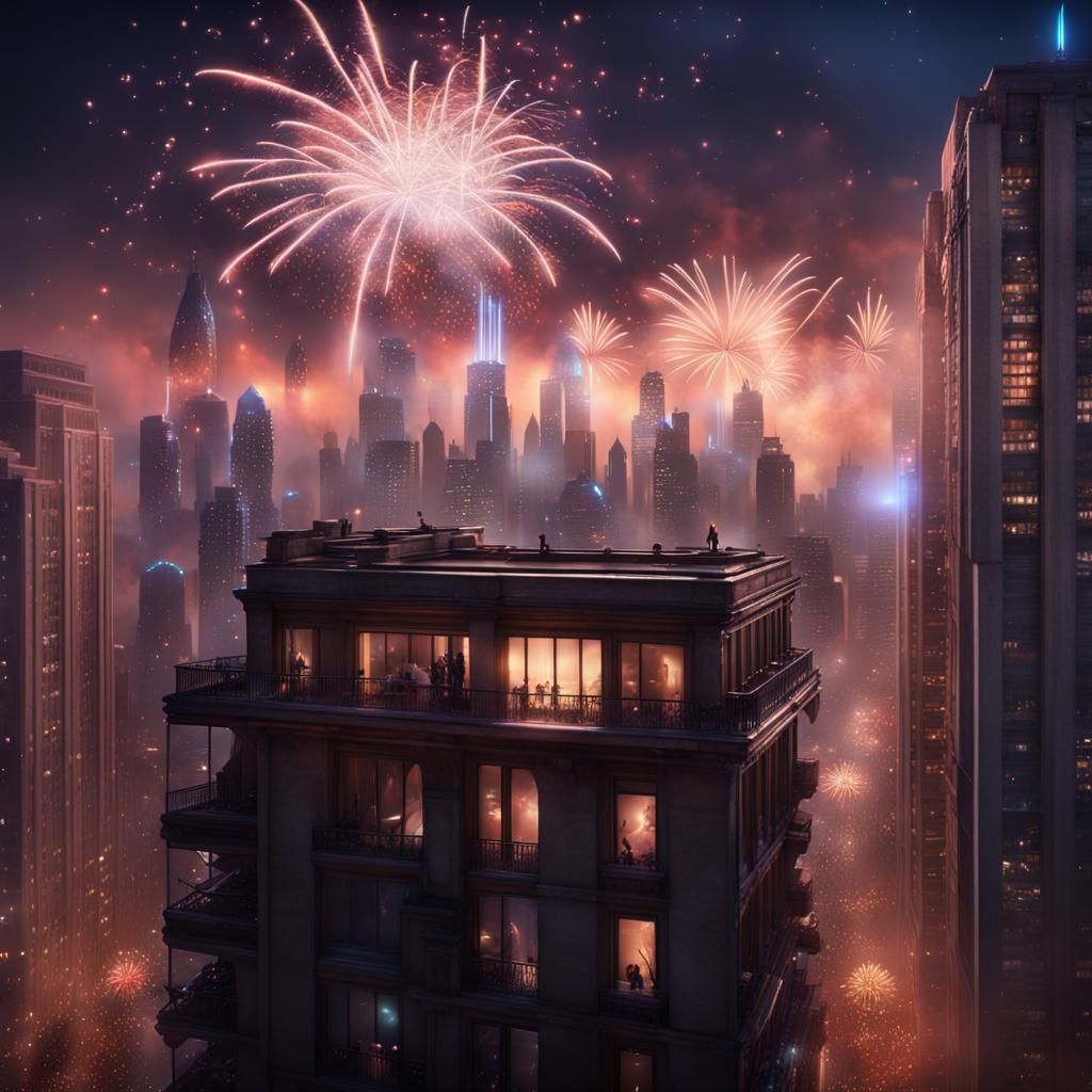 Rooftop Party Under Fireworks: Fantasy Concept Art
