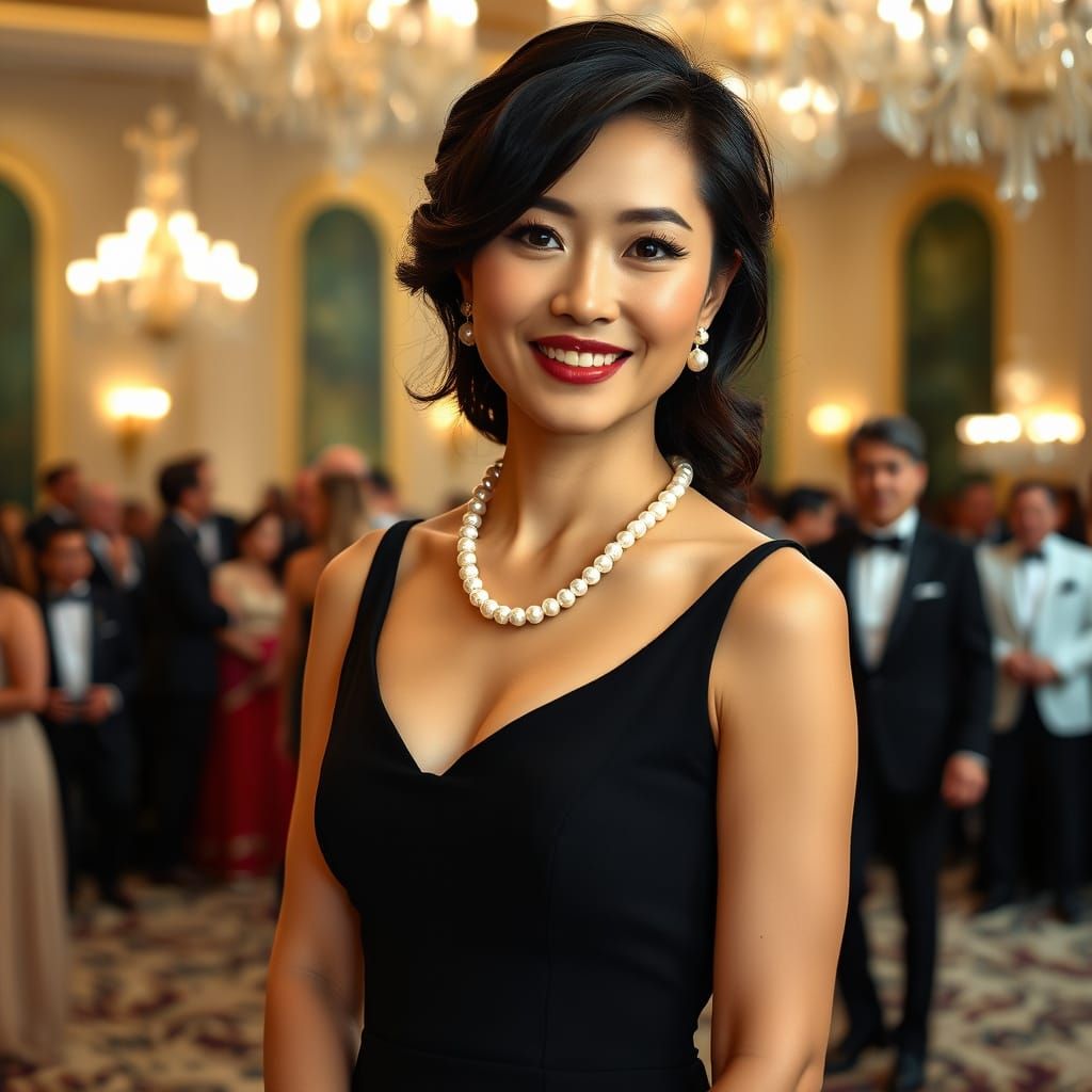 Elegant Asian Woman in High-Fashion Black Tie Gala Portrait