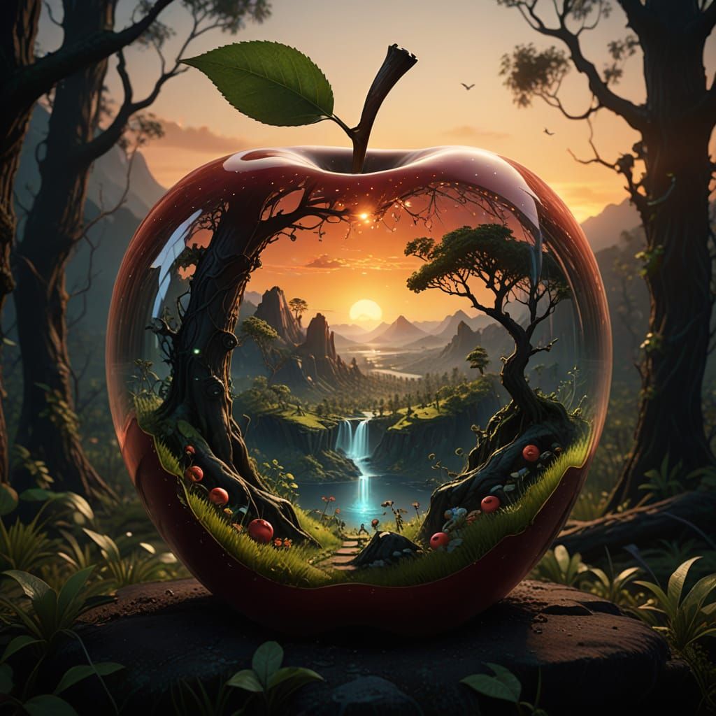Bioluminescent World Inside Transparent Apple, Matte Paintin...