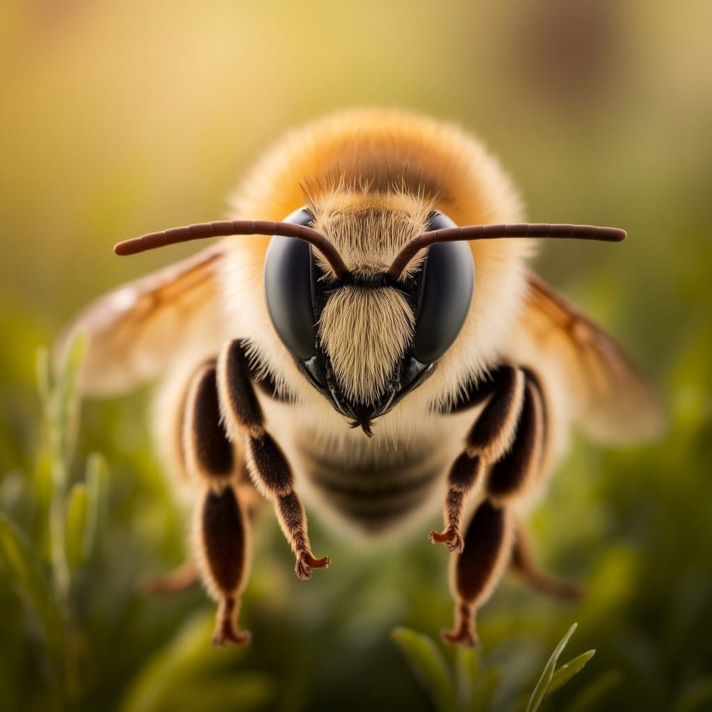 Lifelike Bee Portrait in Vibrant Sunlit Meadow