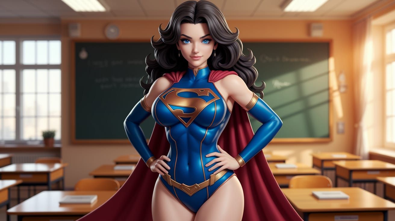 Elegant Anime Teacher in Superman-Inspired Outfit