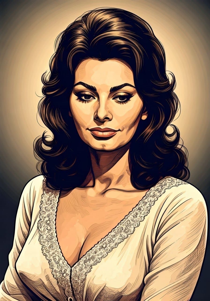 Ink drawing, cross hatching portrait of Sophia Loren