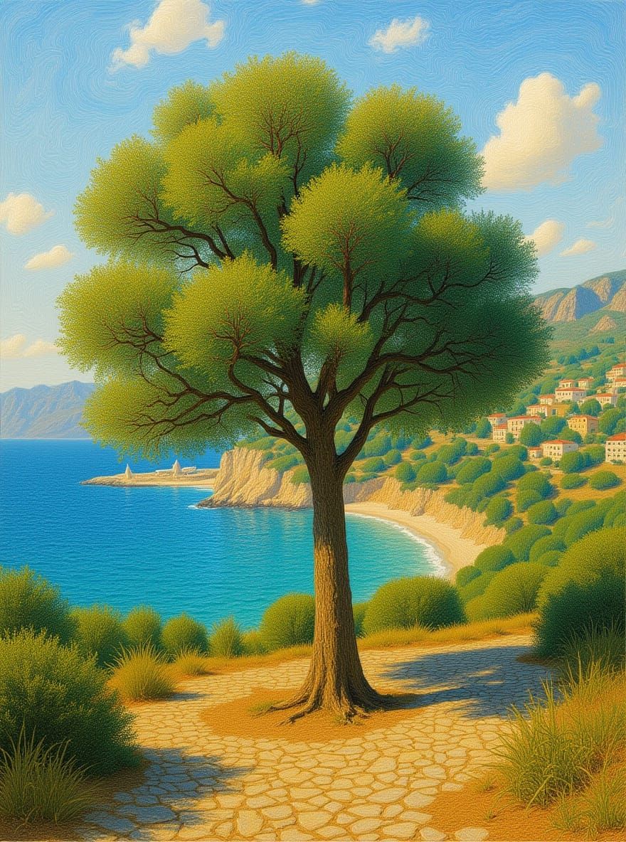 Olive Tree on Greek Island, Impressionist Style