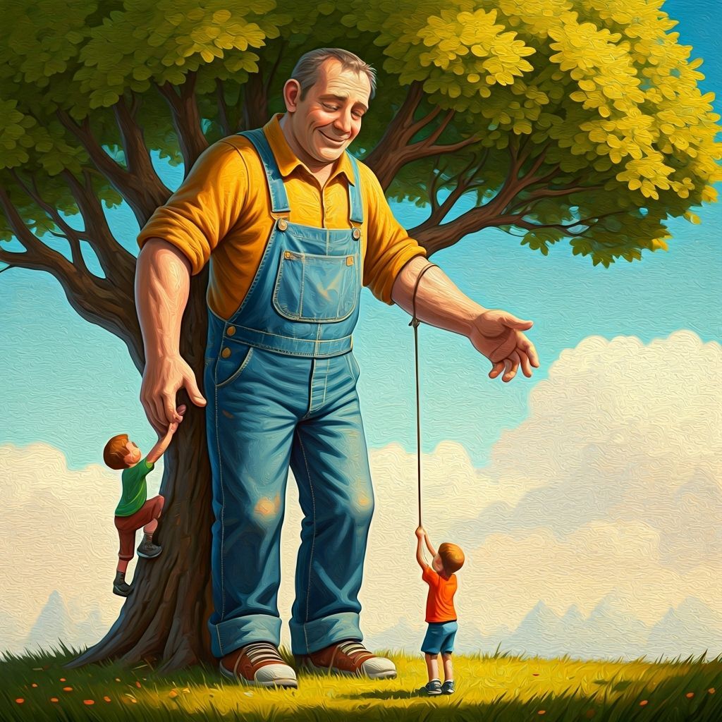 Gentle Giant Helping Kids Climb Tree, Impasto Painting