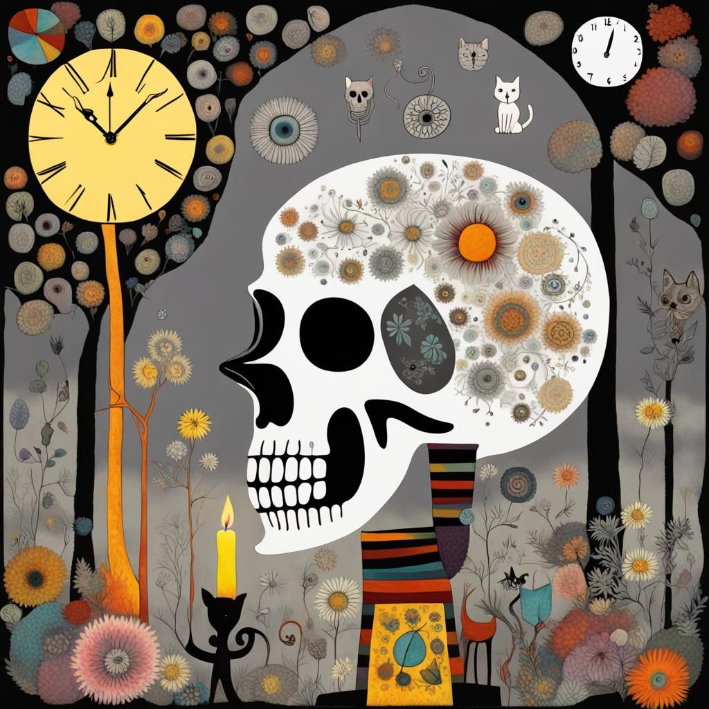Skull,cat, mouse, candle, clock ,  in a Million Dandelion dreamscape, Salvador Dali collaboration Paul Klee and Tim Burt...