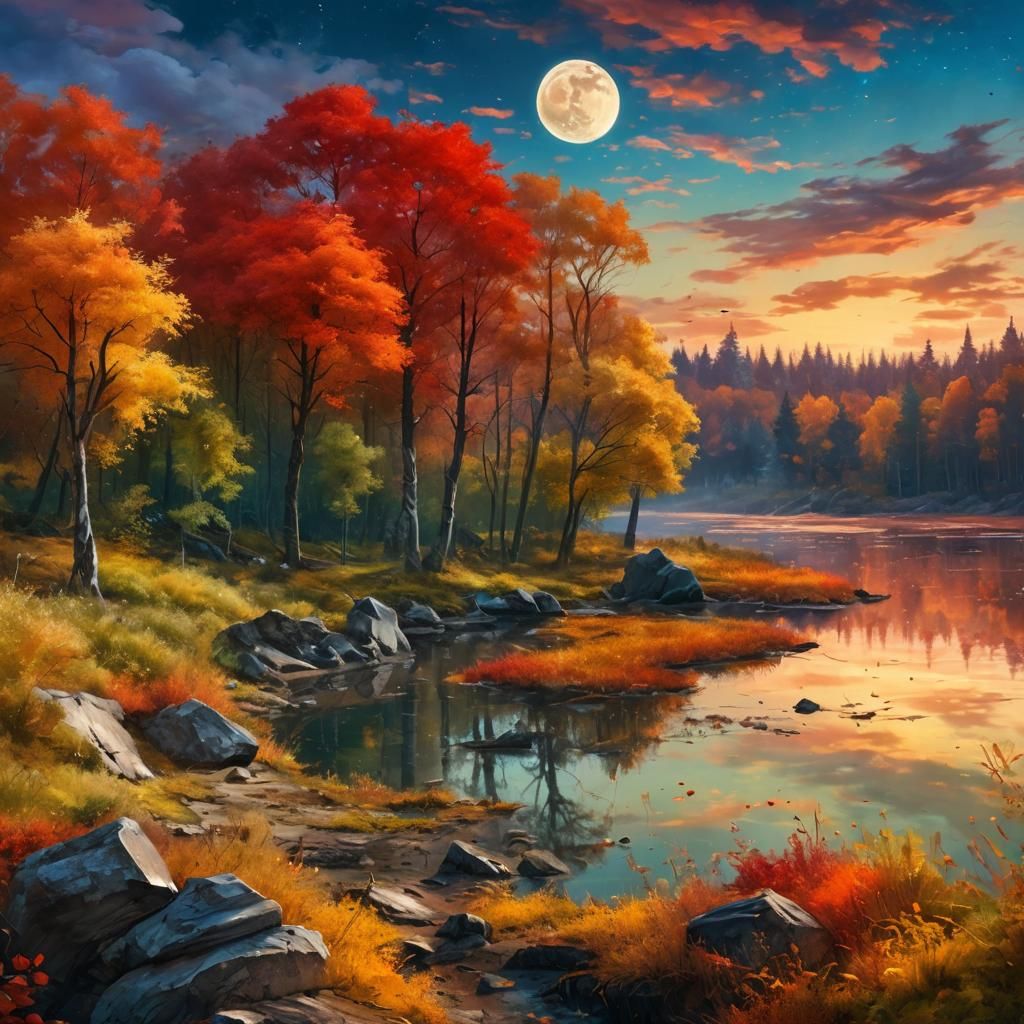 Picturesque Autumn Forest Under Huge Moon in Impasto Style