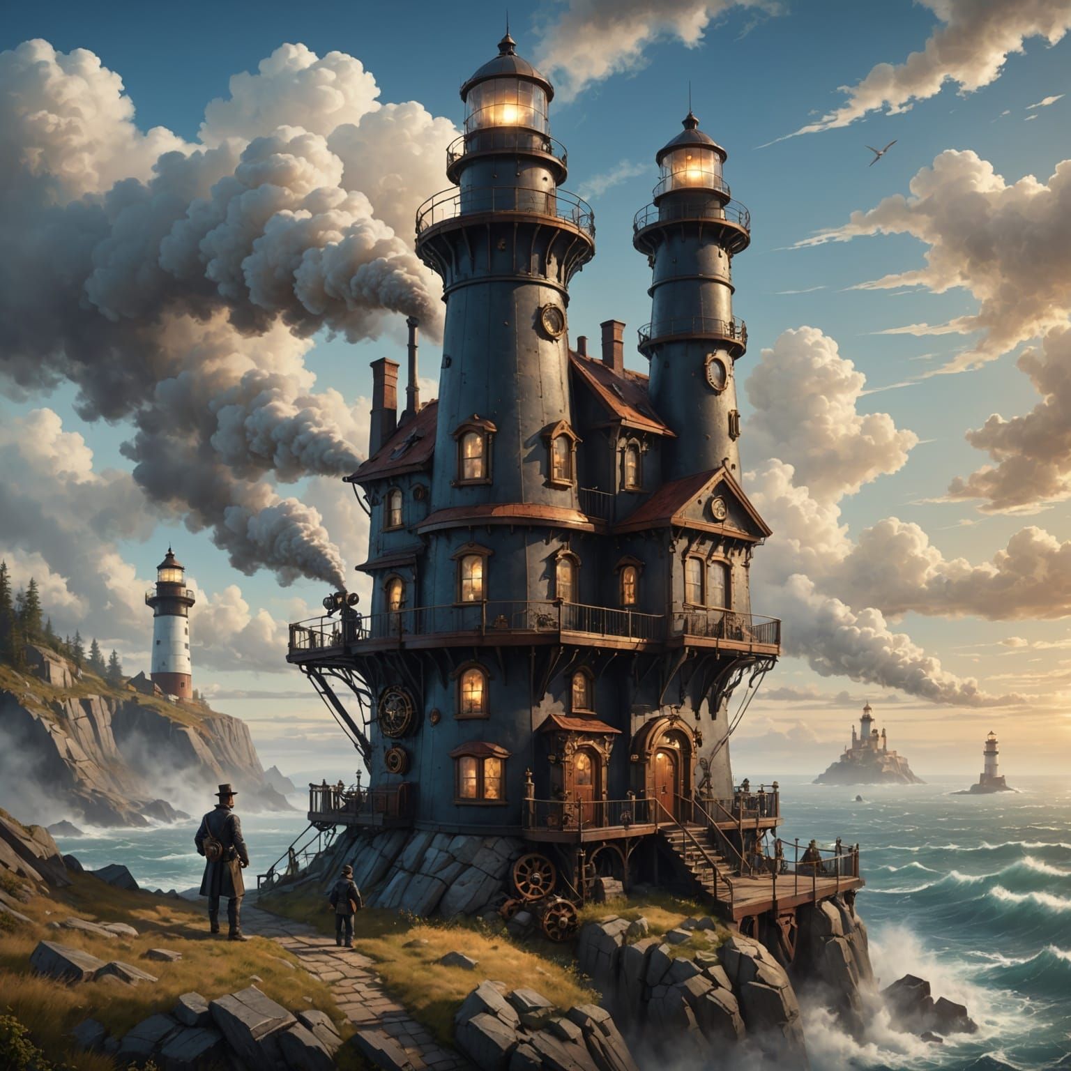 Steampunk Lighthouse with Inventor, Matte Painting Style