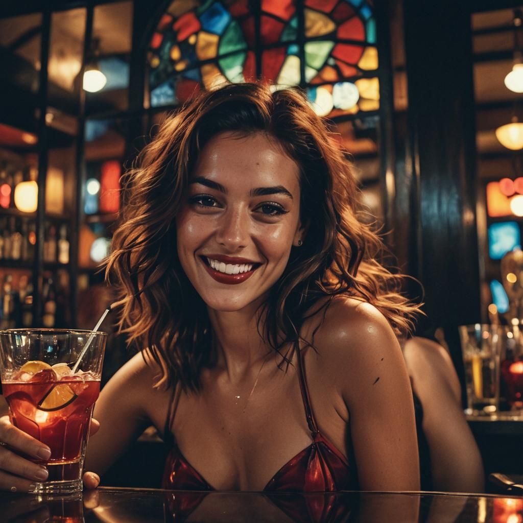 Girl with Cocktail at Beach Bar: Cinematic Still