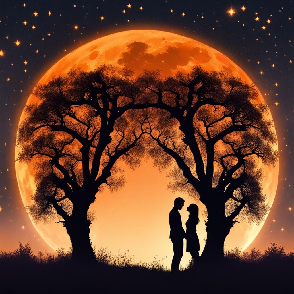 Orange Moon Embrace: Silhouette Couple in Cosmic Forest