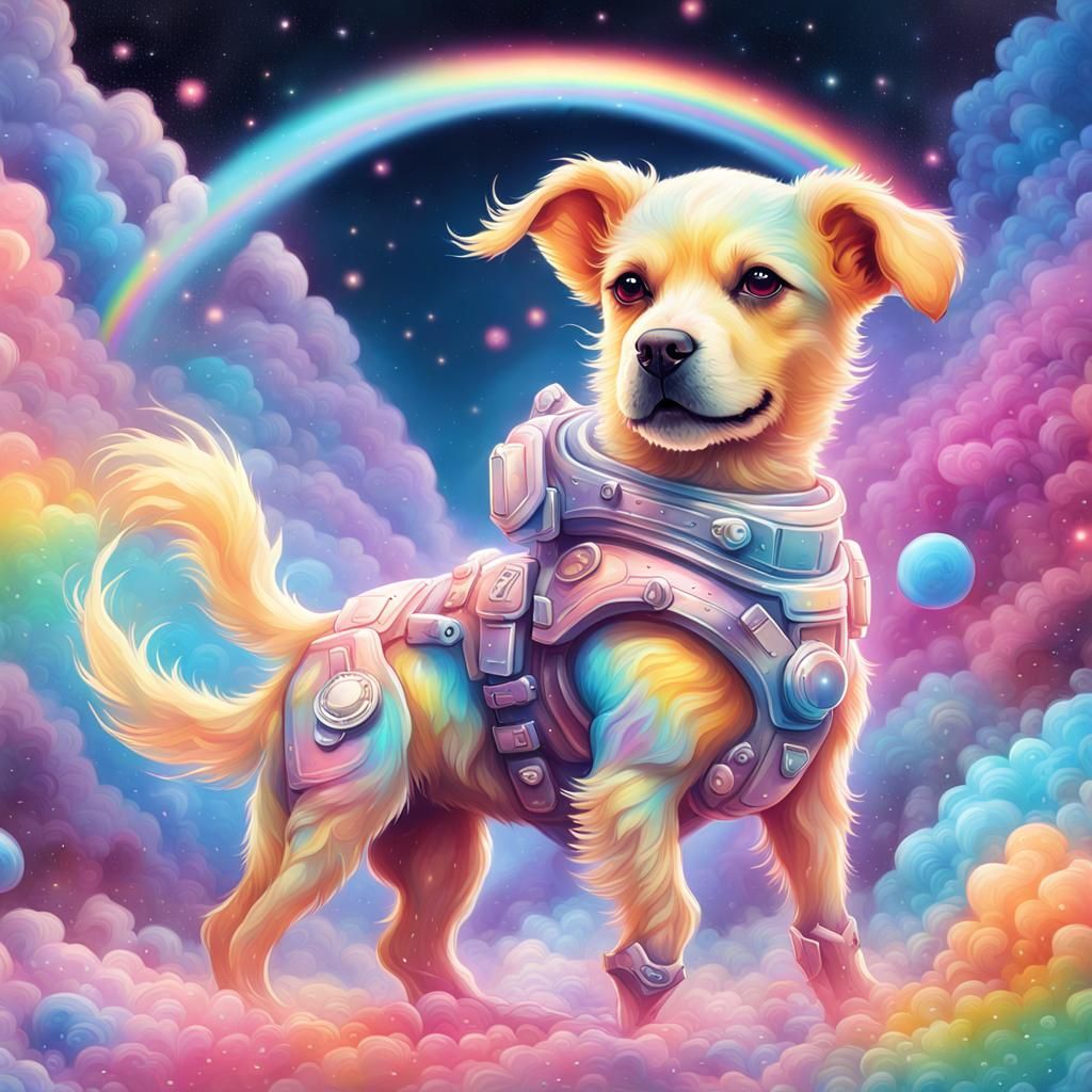 Cosmic Kawaii Dog in Rainbow Armor, Graffiti Art