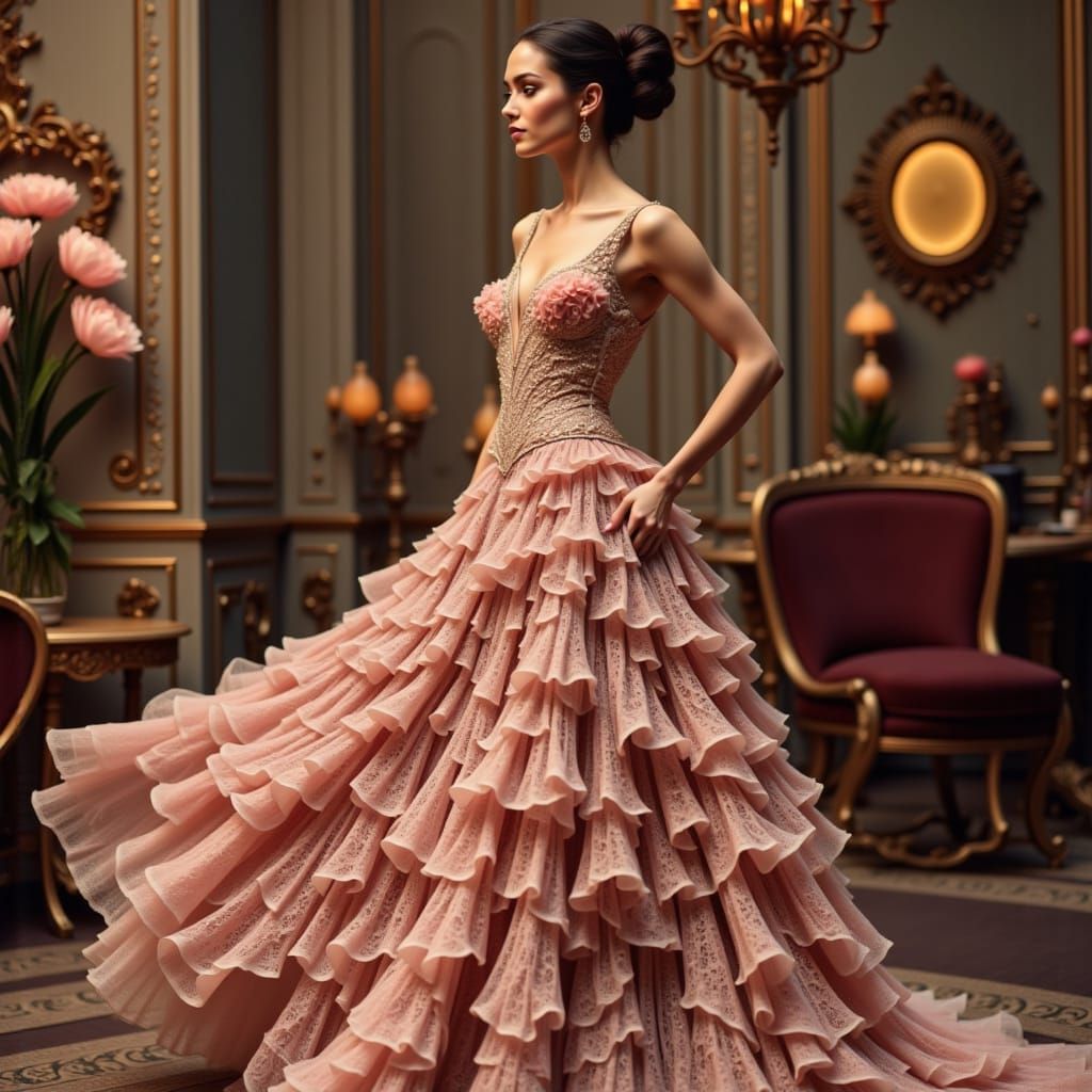 Glamorous Vogue Model in Exquisite Pink Gown
