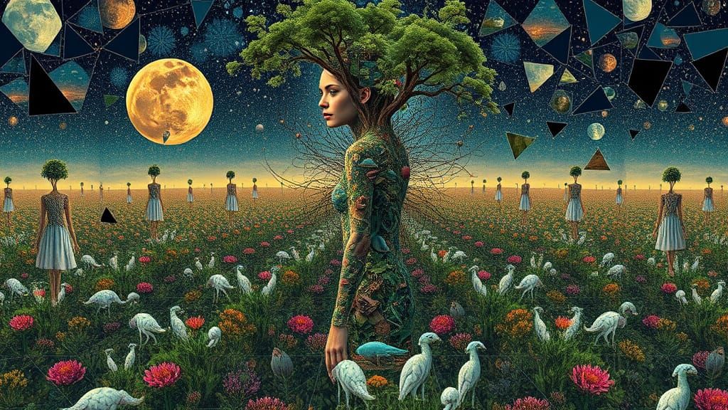 Surreal Ecosystem Goddess in a Dreamlike Landscape of Shatte...