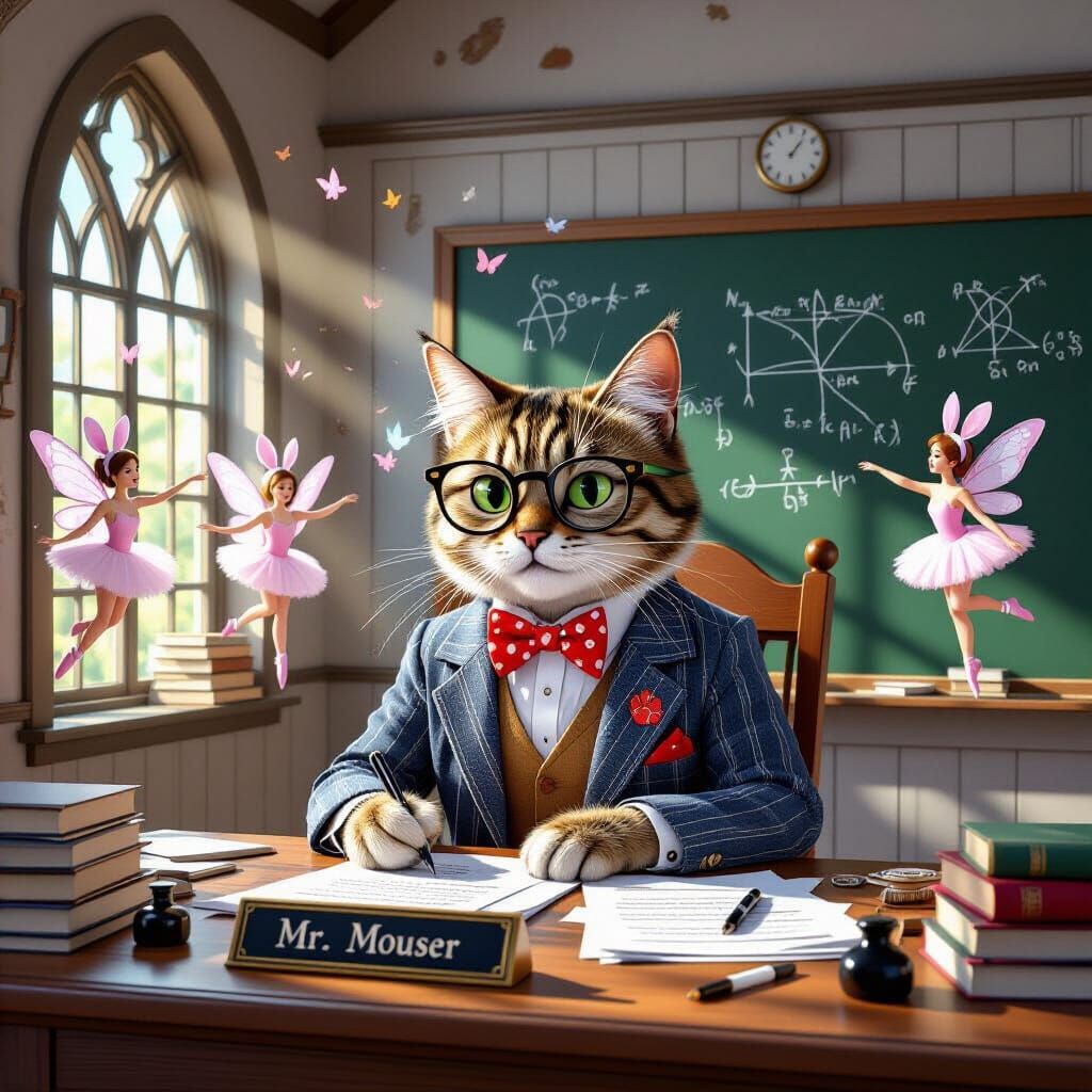 Mr. Mouser Grades Papers with Fairy Companions in Impasto St...