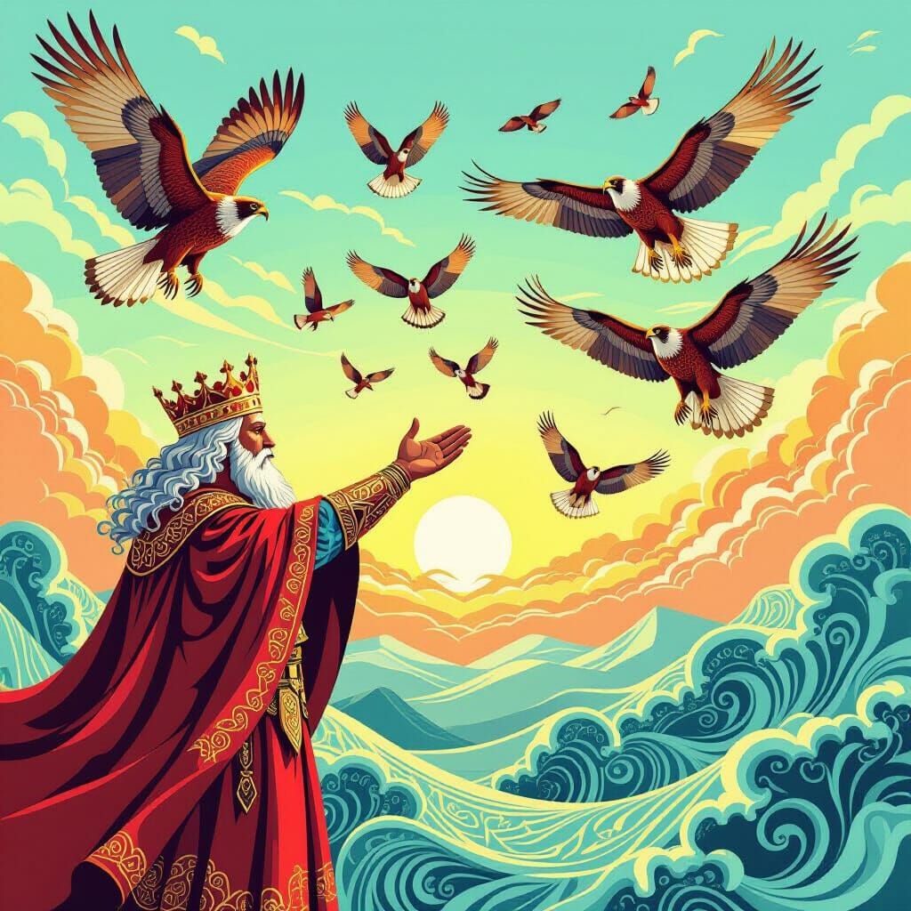 King Frees Hawks and Falcons into Gradient Sky