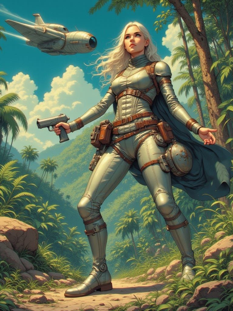 Retro Space Woman on Jungle Planet Adventure