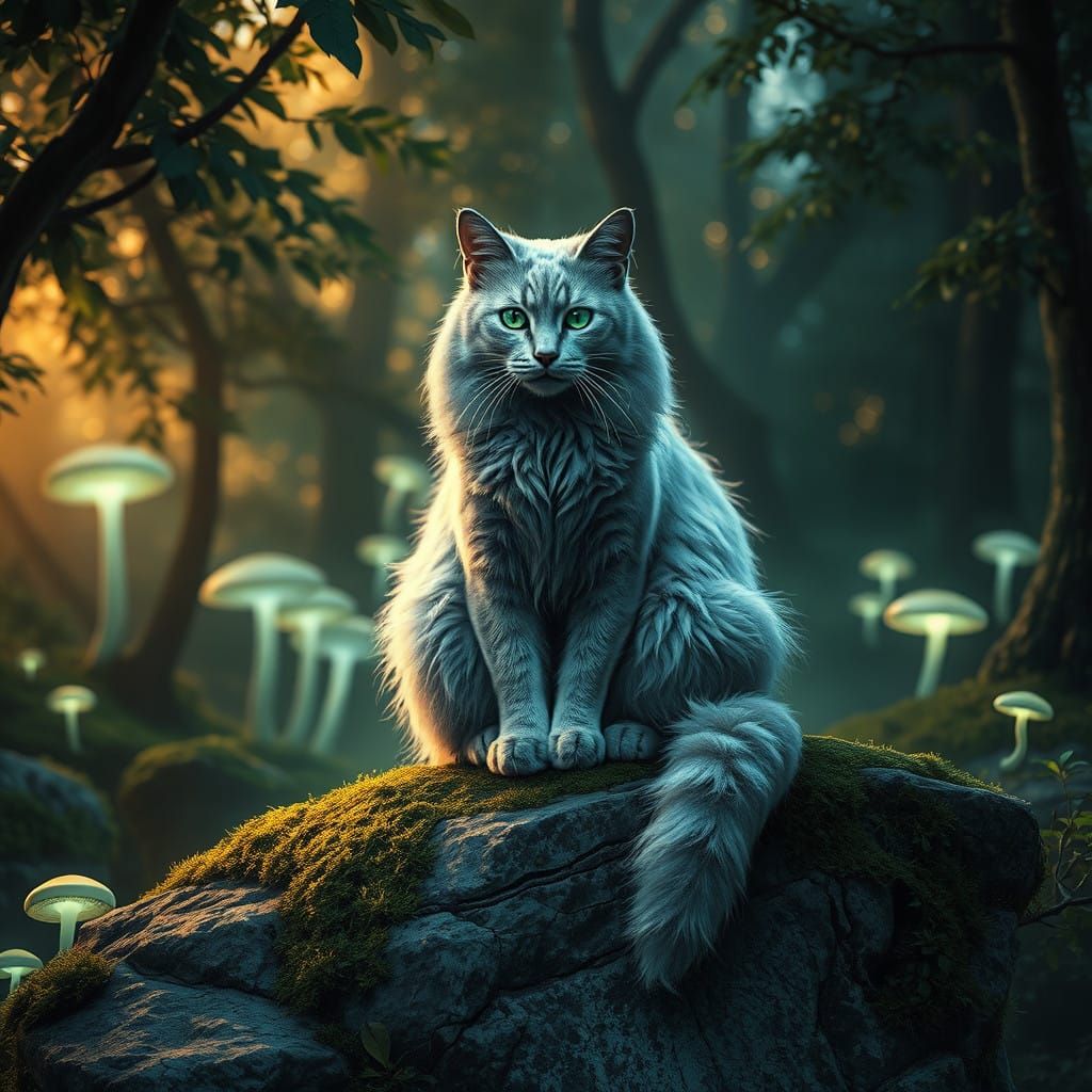 Regal Silver Cat in Luminous Forest Glory