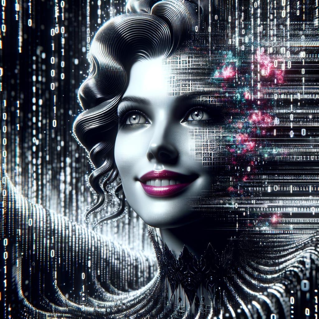 Noir Lady in Binary Code Matrix: Cyberpunk Glitch Art