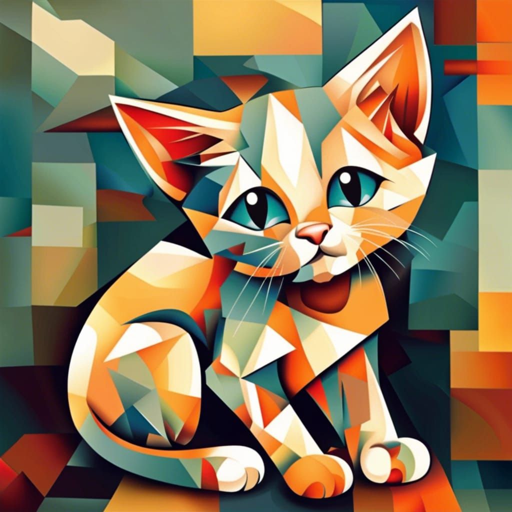 Neo-Cubist Kitten in Abstract Art Style