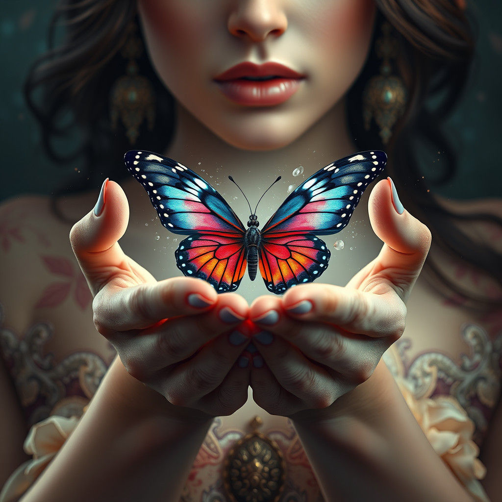 Woman Holding Butterfly: Fantasy Matte Painting
