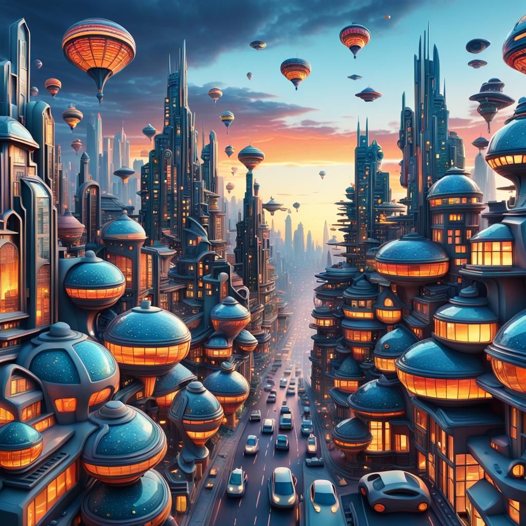 Futuristic Cityscape at Dusk in Surrealist Style