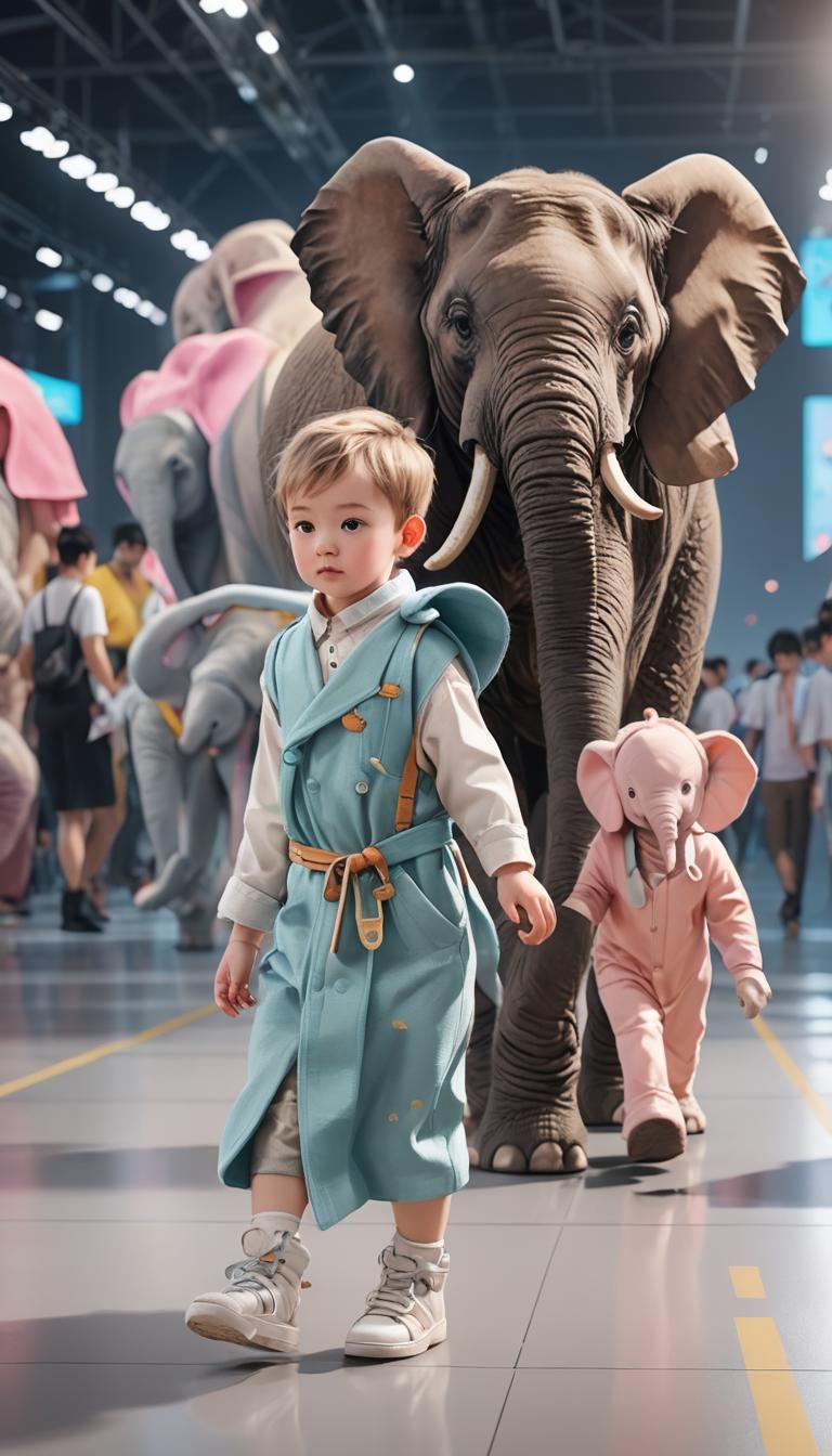 Baby and Elephant on Runway in Anime 3D Art
