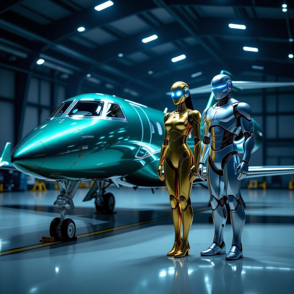 Emerald Learjet with Gold and Silver Robots in Hangar